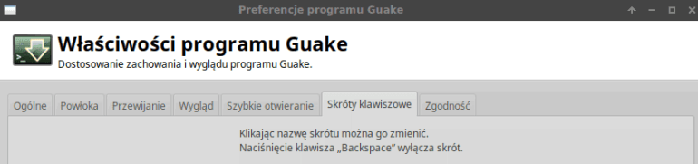 Skróty klawiszowe program Guake